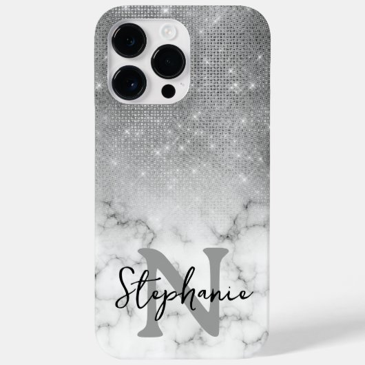 Silberne Pailletten-Diamanten-Marmor-Ombre-Monogra Case-Mate iPhone Hülle (Rückseite)