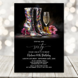 Silberne Pailletten-Stiefel 60. Geburtstagsfeier Einladung
