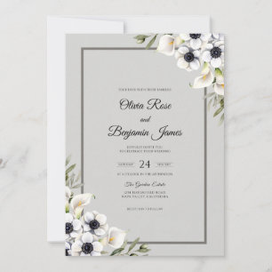 Silberne Perlen Weiße Anemone Hochzeit Einladung