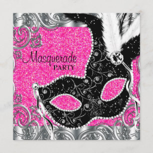 Silberne Pink- und schwarze Masken-Maskenballparty Einladung