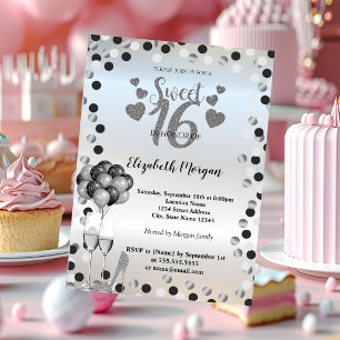 Silberne Punkte, Glas, Ballons Sweet 16 Party Einladung
