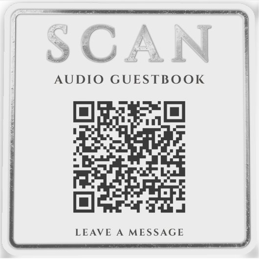 Silberne QR-Code-Audio-Gästebuch-Anleitung LABEL (Vorderseite)