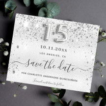 Silberne Quinceanera-Glitzer-Save the Date-Karte