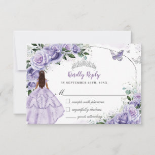 Silberne Quinceanera Lila Lavendel Blumenprinzessi RSVP Karte
