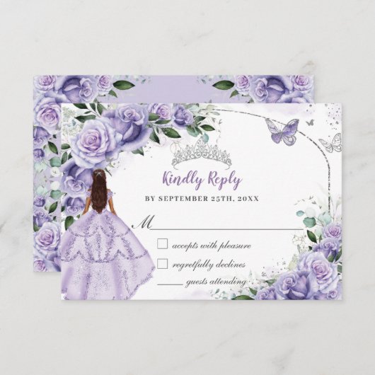 Silberne Quinceanera Lila Lavendel Blumenprinzessi RSVP Karte (Vorne/Hinten)