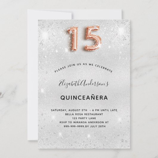 Silberne Quinceanera Rose Gold Glitzer glamourös Einladung (Vorderseite)