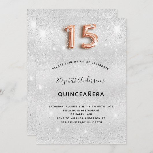 Silberne Quinceanera Rose Gold Glitzer glamourös Einladung (Vorne/Hinten)