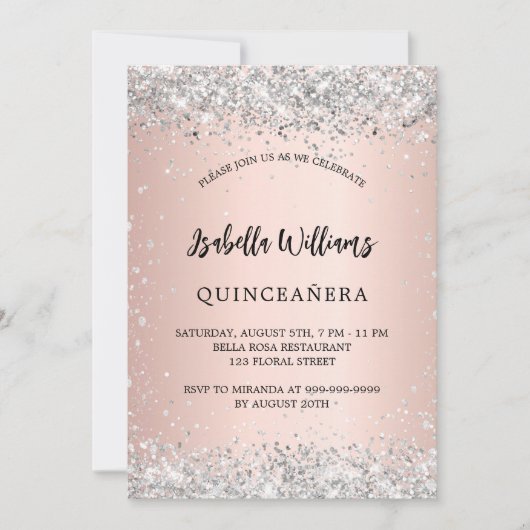Silberne Quinceanera-Rose Goldbarsche Glitzern Einladung (Vorderseite)