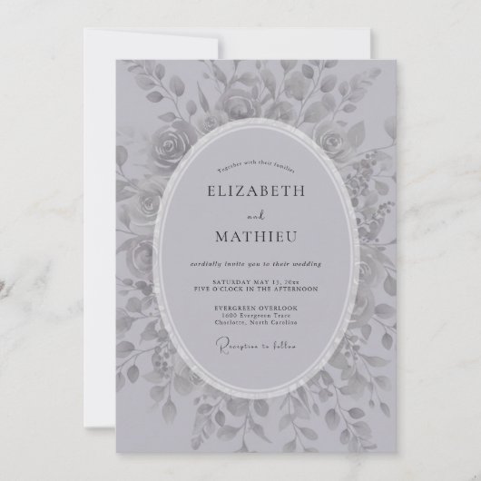 Silberne Romantische Blumenhochzeit Einladung (Vorderseite)