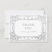 Silberne romantische verzierte Hochzeit Dankeskarte (Vorderseite)