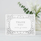 Silberne romantische verzierte Hochzeit Dankeskarte (Stehend Vorderseite)