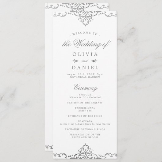 Silberne romantische verzierte Hochzeit Programm (Vorne/Hinten)