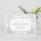Silberne romantische verzierte Hochzeit Save The Date (Stehend Vorderseite)