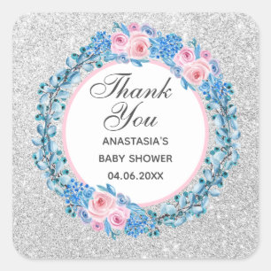 Silberne rosa blaue florale Rose Danke Baby Shower Quadratischer Aufkleber