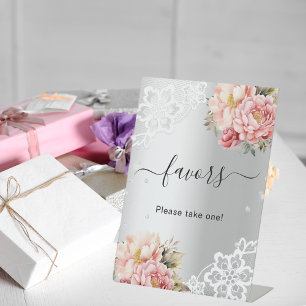 Silberne rosa Blumen Spitze Gastgeschenk Schild