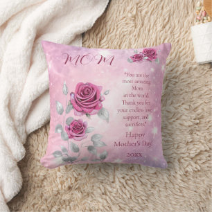 Silberne rosa Rosen und Blätter funkelnde Mom Kissen