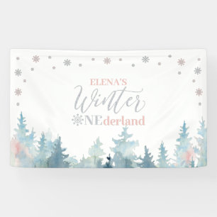 Silberne & rosa Winter Onederland 1. Geburtstagsfe Banner