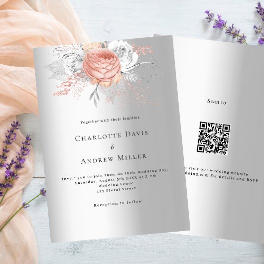 Silberne Rose Gold florale QR Code UAWG Hochzeit Einladung