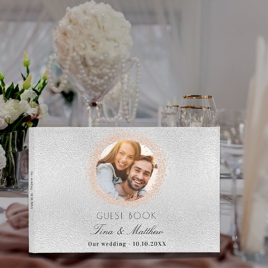 Silberne Rose Gold Foto Elegante Hochzeit Gästebuch