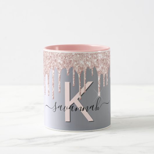 Silberne Rose Gold Glitzer Rosa Monogramm Funkeln Tasse (Zentrum)