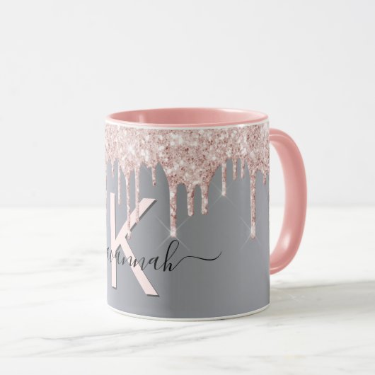 Silberne Rose Gold Glitzer Rosa Monogramm Funkeln Tasse (VorderseiteRechts)