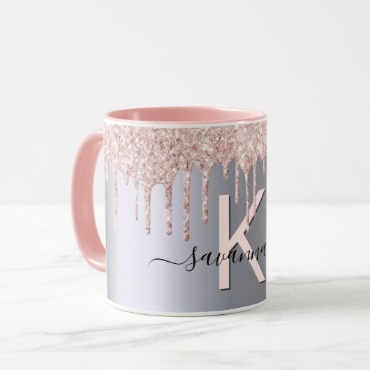Silberne Rose Gold Glitzer Rosa Monogramm Funkeln Tasse (Vorderseite Links)