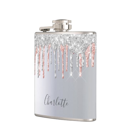 Silberne Rose Gold Glitzer Tropfen Rosa Monogramm Flachmann (Links)