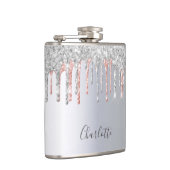 Silberne Rose Gold Glitzer Tropfen Rosa Monogramm Flachmann (Rechts)