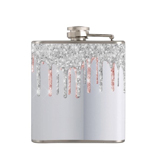 Silberne Rose Gold Glitzer Tropfen Rosa Monogramm Flachmann (Rückseite)