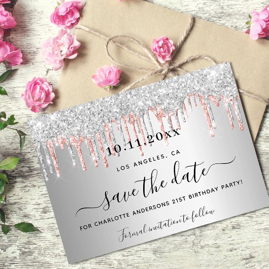 Silberne Rose Gold Glitzer Tropfen Save The Date