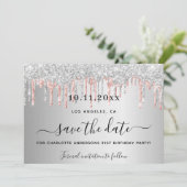 Silberne Rose Gold Glitzer Tropfen Save The Date (Stehend Vorderseite)