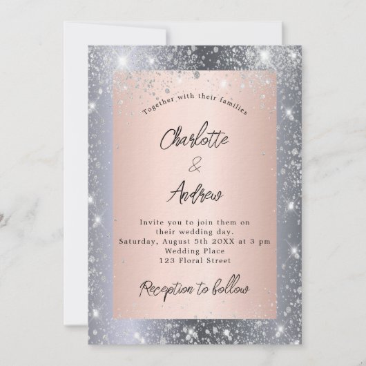 Silberne Rose Gold Glitzern elegante Luxushochzeit Einladung (Vorderseite)