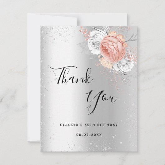 Silberne Rose Goldblume Dankeskarte (Vorderseite)
