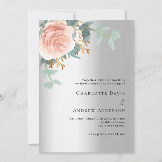 Silberne Rose Goldblume Eukalyptus Hochzeit Einladung (Vorderseite)