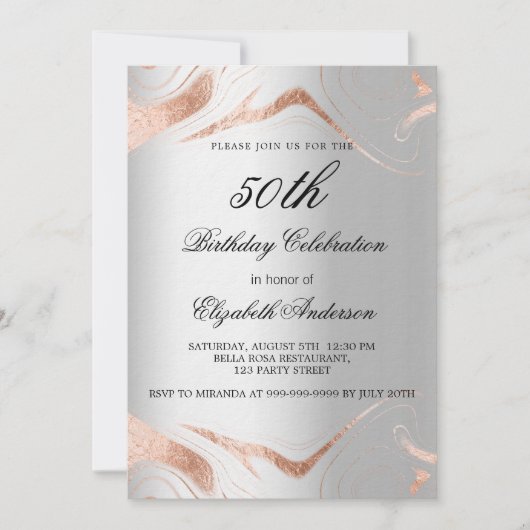 Silberne Rose Goldmarmor Einladung (Vorderseite)