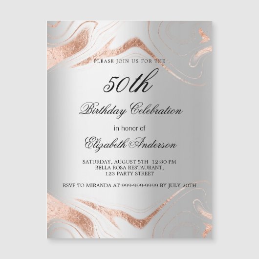 Silberne Rose Goldmarmor Magneteinladung (Vorderseite)