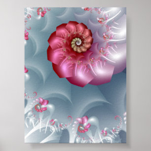 Silberne Rosen-Spiralfraktale in Rosa und Grau Poster
