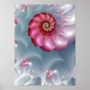 Silberne Rosen-Spiralfraktale in Rosa und Grau Poster