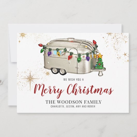 Silberne rote Retro-Vintage-Camper-Weihnachtskarte (Vorderseite)