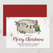 Silberne rote Retro-Vintage-Camper-Weihnachtskarte (Vorne/Hinten)