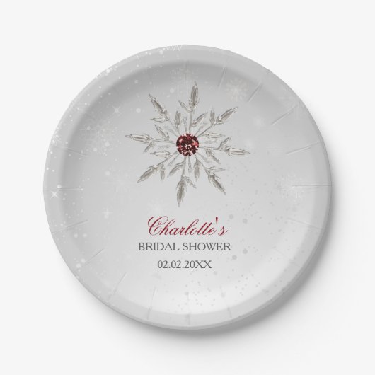 Silberne rote Schneeflocken Winter Brautparty Pappteller (Vorderseite)