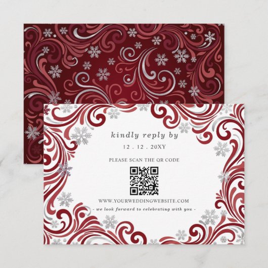 Silberne rote Schneeflocken Winterhochzeit QR-Code RSVP Karte (Vorne/Hinten)