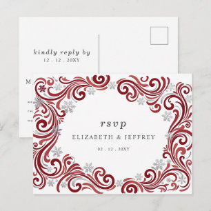 Silberne rote Schneeflocken Winterhochzeit RSVP Postkarte