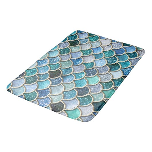 Silberne Schein-Glitzer-Meerjungfrau-Skalen Badematte (Schrägansicht)