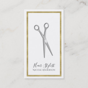 Silberne Schere Minimal Goldrand Hairstylist Visitenkarte