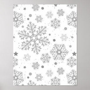 Silberne Schneeflocken auf Weiß Poster