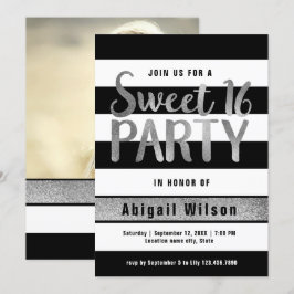 Silberne Schwarz-weiße 16 . Geburtstag-Geburtstags Einladung