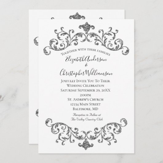 Silberne Schwarz-weiße Verzierte Blüh feierliche H Einladung (Vorne/Hinten)