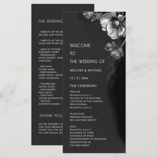 Silberne schwarze Blumenhochzeit Programm (Vorne/Hinten)