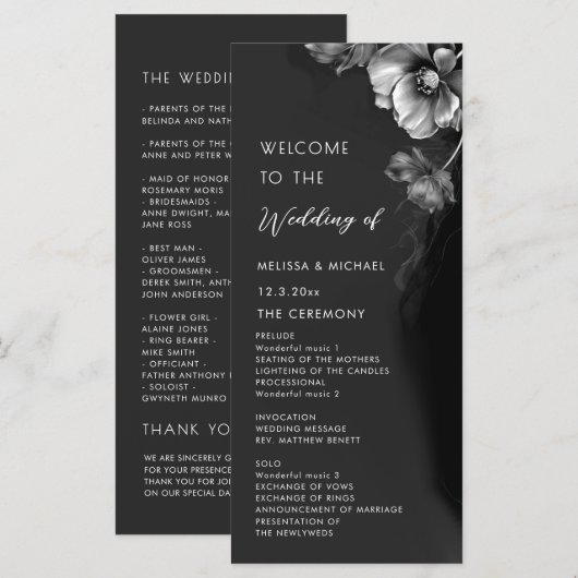 Silberne schwarze Blumenhochzeit Programm (Vorne/Hinten)